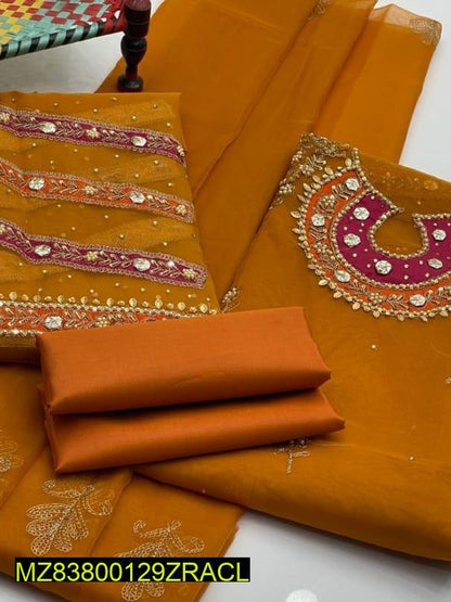 3 Pcs Women's Unstitched Fancy Organza Cut-work Embroidered Suit