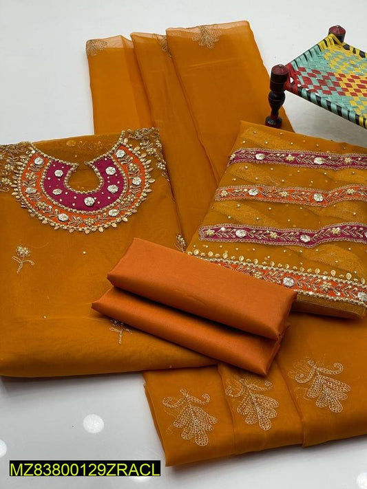 3 Pcs Women's Unstitched Fancy Organza Cut-work Embroidered Suit